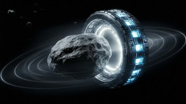 Futuristic asteroid mining station in deep space landscape