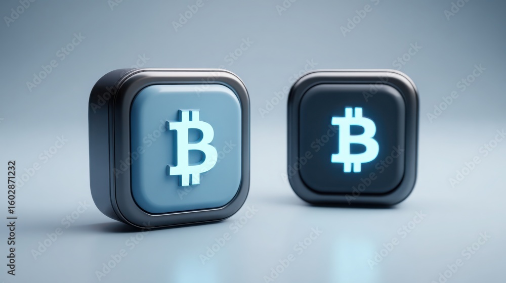 Poster sleek pair of bitcoin buttons representing quantum trade panel concept for minimalist digital curren