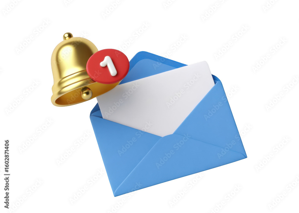 Poster golden notification bell with new message alert on blue envelope isolated on transparent background