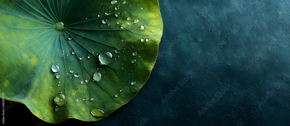 Poster green lotus leaf with water droplets on textured dark green background displaying clear space for pr