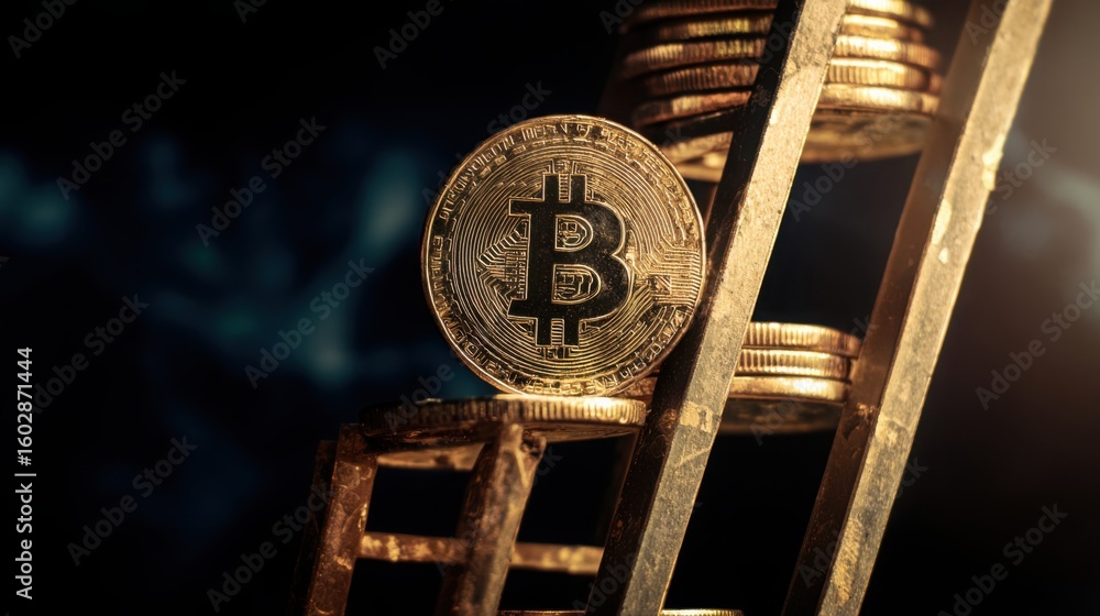 Poster bitcoin coin positioned on a ladder illustrating the ascent and growth potential in the digital curr