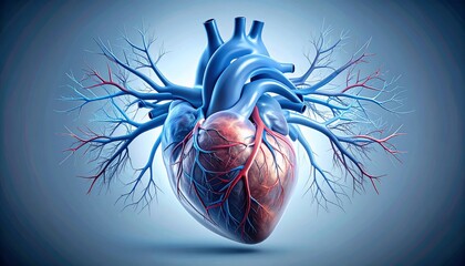 Realistic 3D Illustration of Human Heart and Circulatory System with Glowing Veins