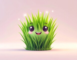 Cute Grass Ball Character with Happy Face – Kawaii Nature Mascot Illustration

