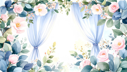 Obraz premium 水彩画風の美しい花々とブルーのカーテンが織りなす上品で優雅なウェディング装飾のフレーム