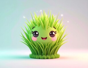 Cute Grass Ball Character with Happy Face – Kawaii Nature Mascot Illustration

