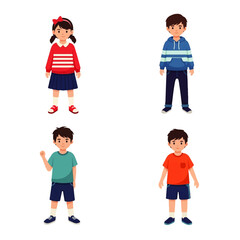 Four cartoon children, two girls and two boys, standing in casual clothing.
