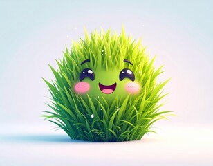 Cute Grass Ball Character with Happy Face – Kawaii Nature Mascot Illustration


