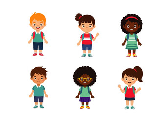 Cartoon children of different ethnicities, dressed in school attire, depicted in a simple, flat design.
