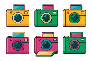 Collection of six retro style instant cameras in vibrant yellow green pink and orange hues