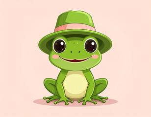 Cute Cartoon Frog Wearing Green Hat on Pastel Background