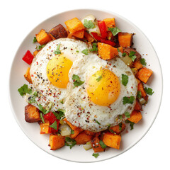 sweet potato with fried eggs  hash plate isolated on transparent background png
