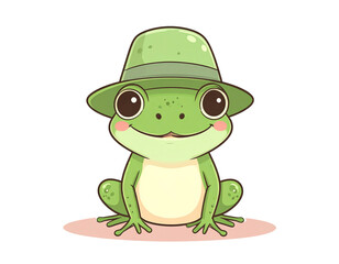 Cute Cartoon Frog Wearing Green Hat on Pastel Background