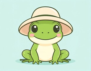 Cute Cartoon Frog Wearing Green Hat on Pastel Background
