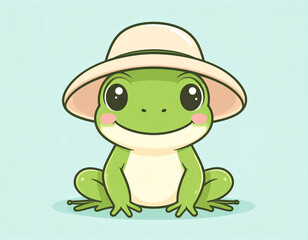 Cute Cartoon Frog Wearing Green Hat on Pastel Background