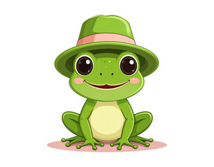 Cute Cartoon Frog Wearing Green Hat on Pastel Background