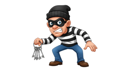 Cartoon thief character holding a bunch of keys isolated on transparent background