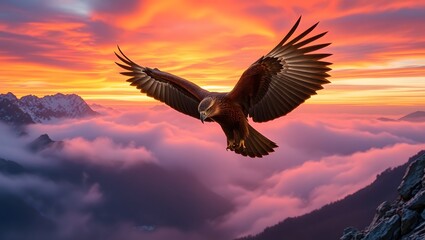 Fototapeta premium A close-up of a bald eagle mid-flight with wings spread wide