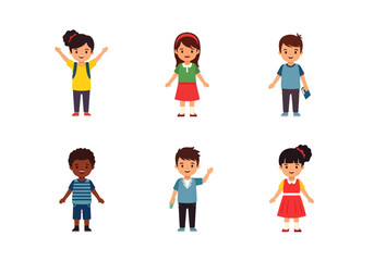 Six cartoon children, diverse in appearance, stand smiling and waving on a white background.