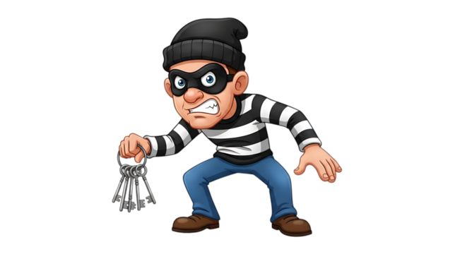 Cartoon thief character holding a bunch of keys isolated on transparent background