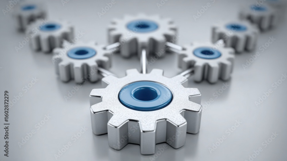 Poster collection of interlocking gears symbolizing collaborative innovation and business ideation in a mod