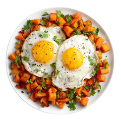 sweet potato with fried eggs  hash plate isolated on transparent background png
