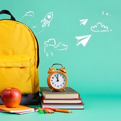 Back to School: Yellow Backpack, Alarm Clock, Books, Apple, and Playful Rocket Illustration on Teal Background