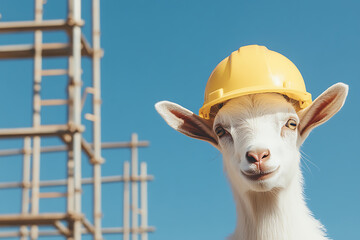 A goat strikes a comical pose wearing a construction hard hat against a blue sky, with scaffolding subtly placed in the background, creating an amusing contrast.