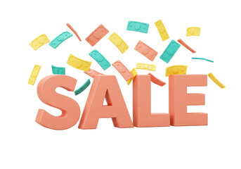 Isolated 3D 'SALE' Text with Falling Colorful Banknotes and Confetti