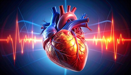 Human Heart Attack Illustration with Pulse Line - 3D Medical Concept