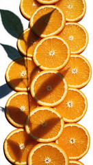 Vertical wallpaper of orange slices with leaf shadows, strong contrast, fresh and bright. mobile wallpaper.
