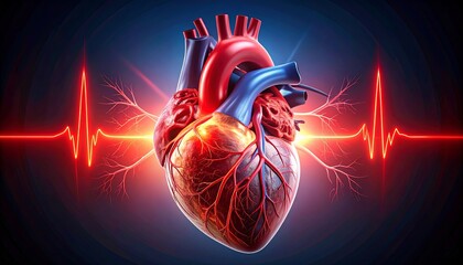 Human Heart Attack Illustration with Pulse Line - 3D Medical Concept