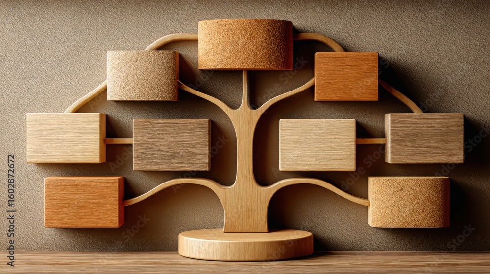 Poster a tree made of wooden blocks symbolizing business scenario mapping and strategic decision making in 