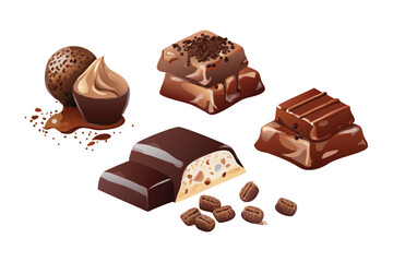 Photorealistic Chocolate Treats Vector Set. Realistic Bar, Truffles, and Cocoa Pod Illustrations