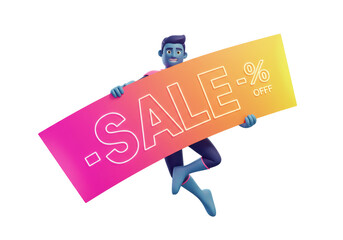 Isolated 3D Render of a Character Holding a Large 'SALE' Banner