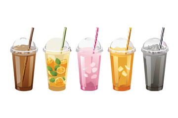 Photorealistic Cold Beverages Vector Set. Realistic Iced Coffee, Bubble Tea, and Soda in Plastic Cups