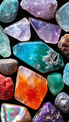 Colorful mineral stones with natural imperfections, top view, vibrant tones, dark background. mobile wallpaper.