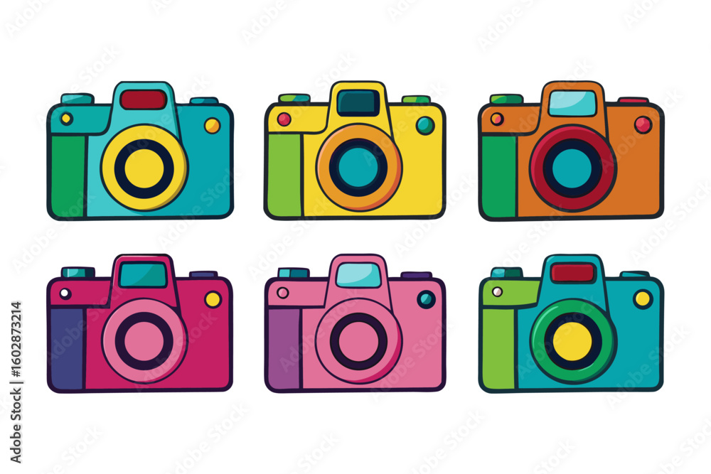 Poster a collection of six vibrant colorful retro style cameras arranged in two rows of three