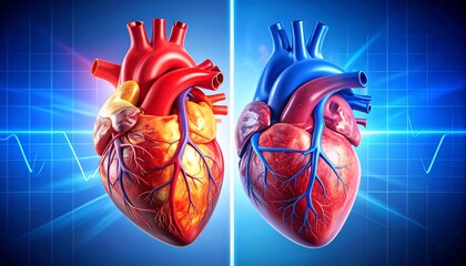 3D Medical Comparison of Human Heart: Left and Right Side Anatomy