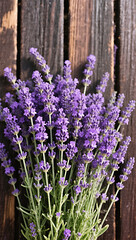 Lavender flowers against dark wooden texture, top-down view, soft romantic tones.  mobile wallpaper