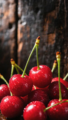 Cherries with stems and water droplets, dark rustic background, vertical imagemobile wallpaper.