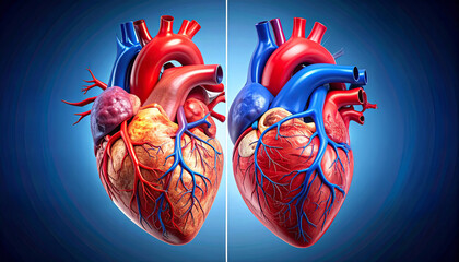 3D Medical Comparison of Human Heart: Left and Right Side Anatomy