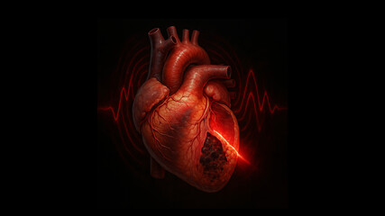 Realistic 3D Illustration of Human Heart and Circulatory System with Glowing Veins