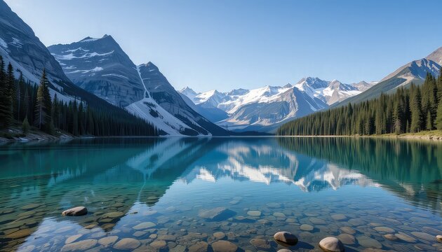 Peaceful mountain lake surrounded by evergreen trees, snow-capped peaks reflecting in crystal clear water