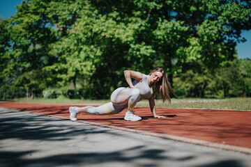 A fit woman exercises on an outdoor track, focusing on cutting weight and improving fitness. The...