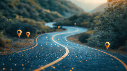 a road curving uphill with business milestones shown as floating markers