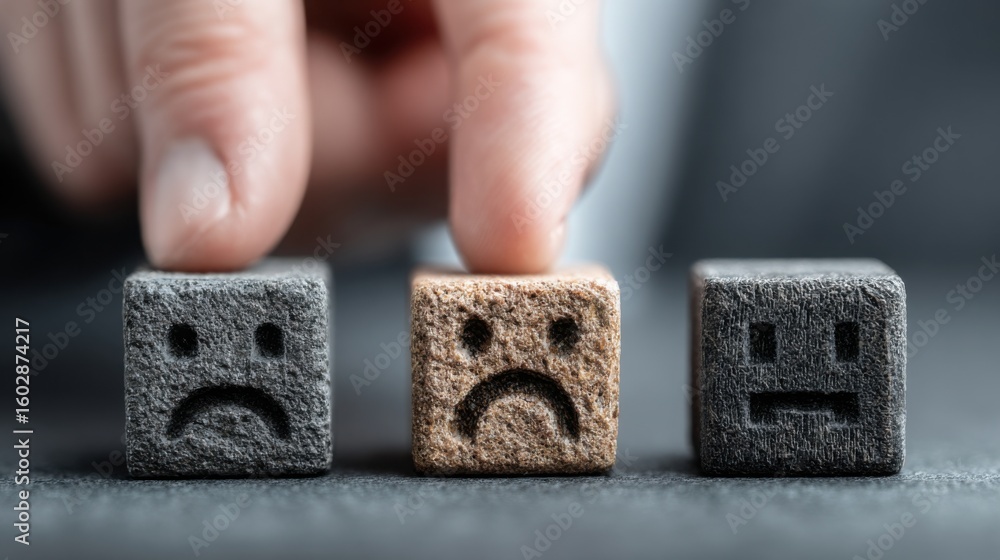 Poster a person's hand placing a block with a sad face on it analyzing client emotion insights in a team en