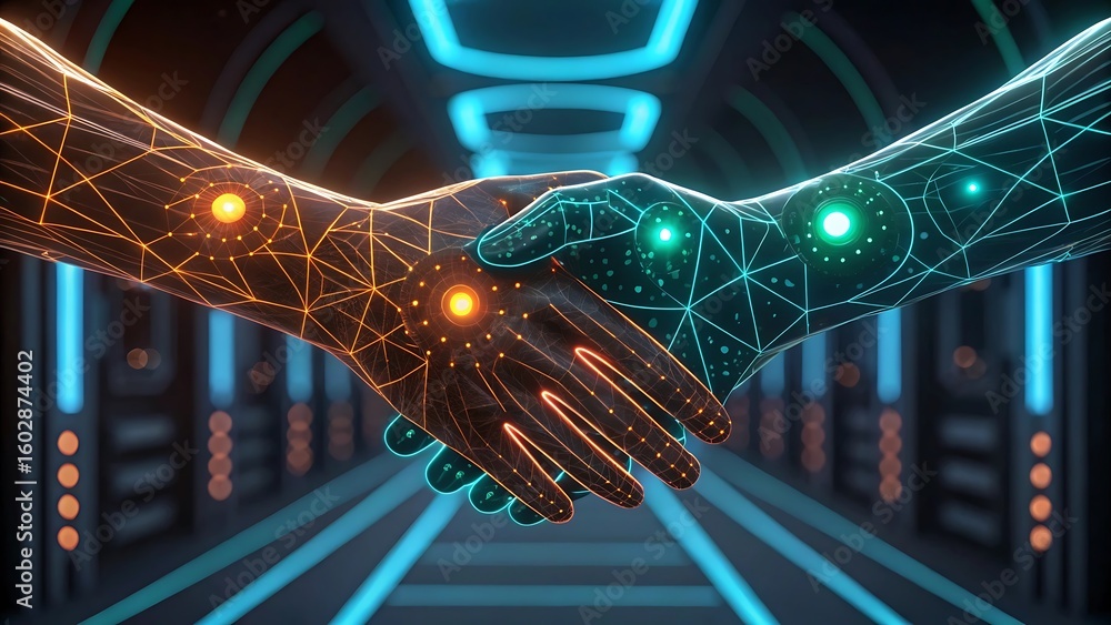 Poster digital handshake connecting orange and cyan geometric hands in futuristic tunnel connection technol