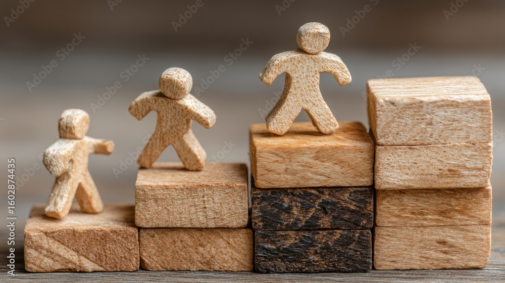 Poster a group of wooden figures symbolizing collaborative climb visual icon concept representing team effo