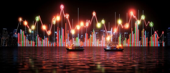 Nighttime cityscape with glowing stock market graphs and boats on water, symbolizing finance and investment activity