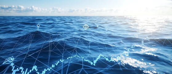 Digital Ocean Waves with Graphical Data Visualization and Abstract Technology Elements in a Bright Sunny Environment